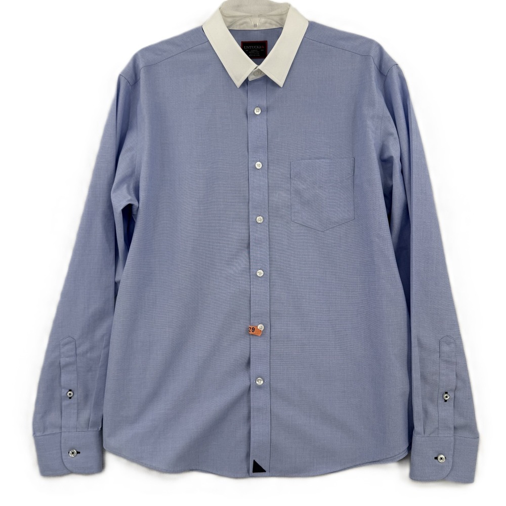 UNTUCKit Button Down Shirt Mens Large Blue White Contrast Collar Wrinkle Free